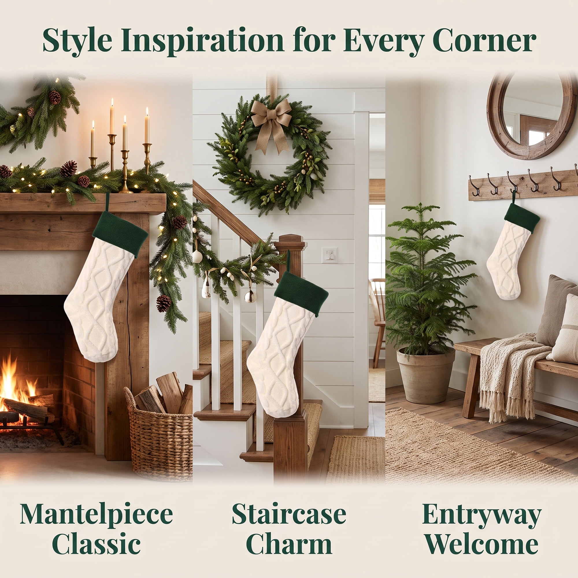 Unique Bargains Luxurious Cable-Knit Christmas Stocking White Green 18"