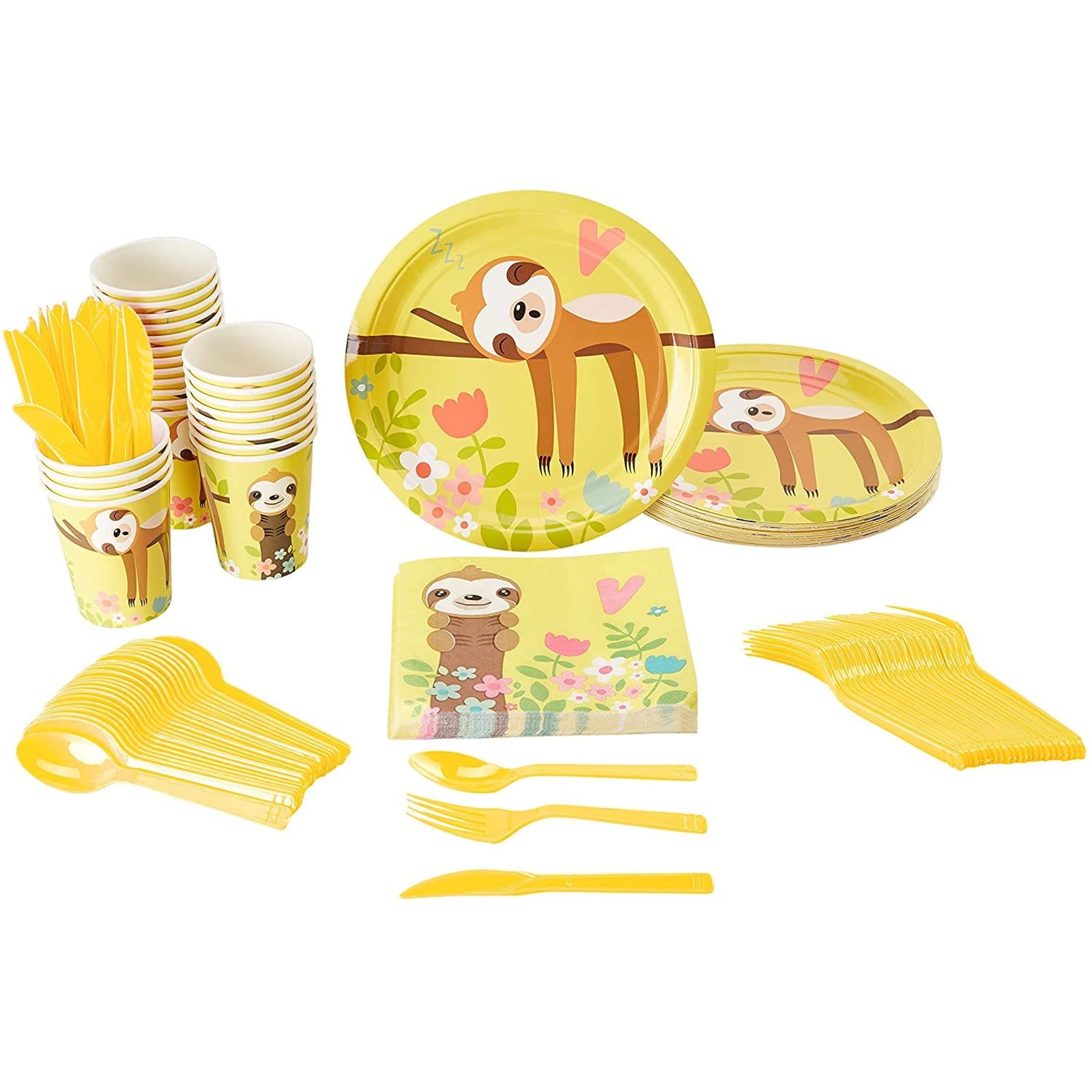 Serves 24 Sloth Animal Party Supplies Set for Baby Shower Kids Birthday, 144PCS Disposable Paper Plates Napkins Cups Dinnerware, Zoo Jungle Theme Favors Decorations Tableware Kit Bulk
