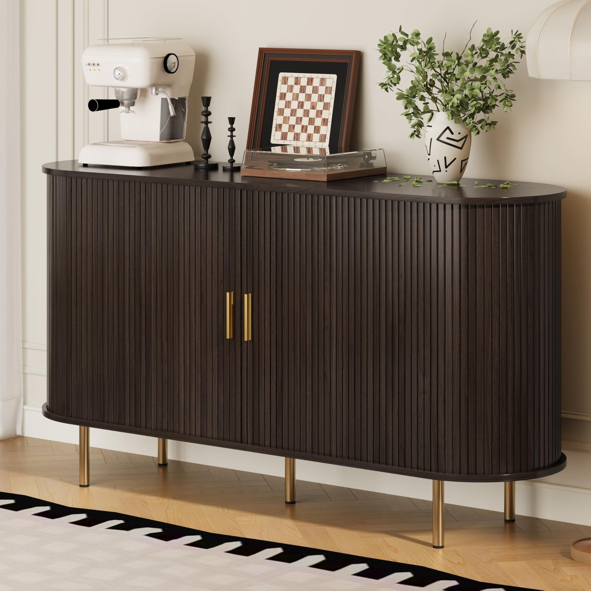 Mid Century Modern Sideboard Buffet Cabinet, 55 Inch Fluted Coffee Bar Console with Tambour Sliding Doors, Black