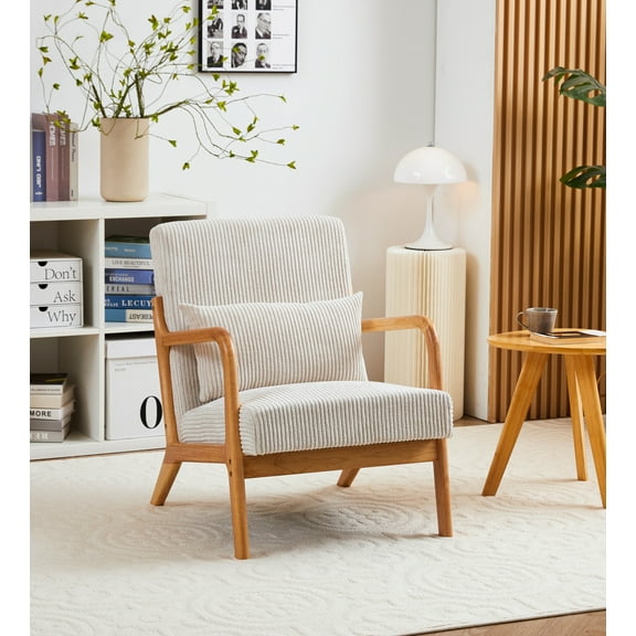 MOONMISS Corduroy Upholstered Mid-Century Modern Wood Frame Single Armchair-Beige