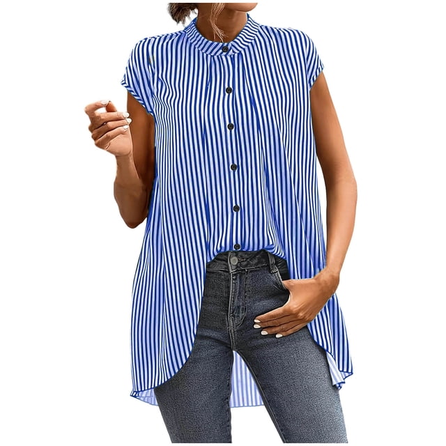 Tops Casuales Cuello Redondo Rayas Largas sin Mangas para las Mujeres, Camiseta de Moda Ligera Suave de Poliéster para el Uso Casual de Verano