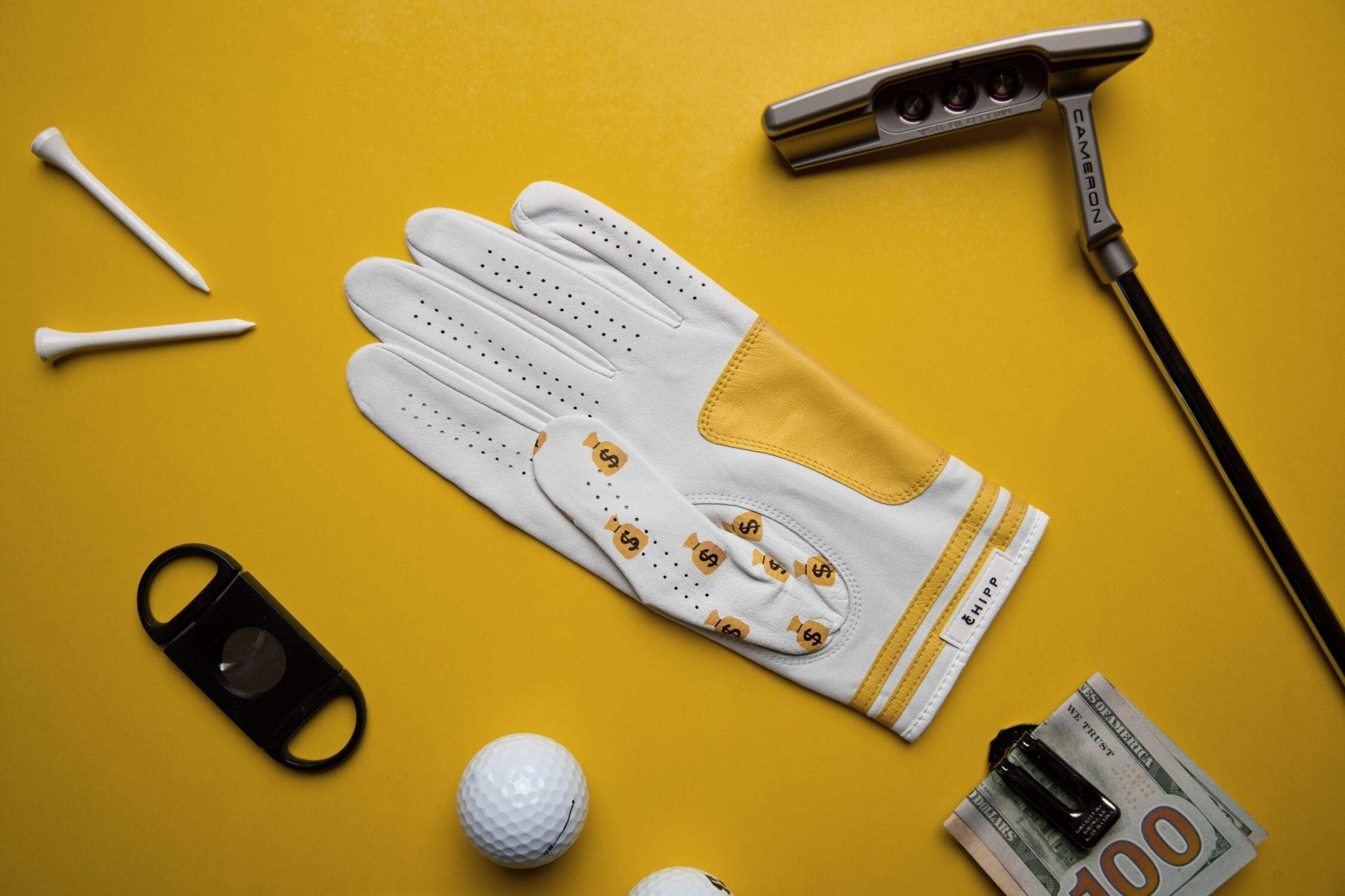 Money Bags Gold Golf Glove | Premium Cabretta Leather & Supportive Palm Pad