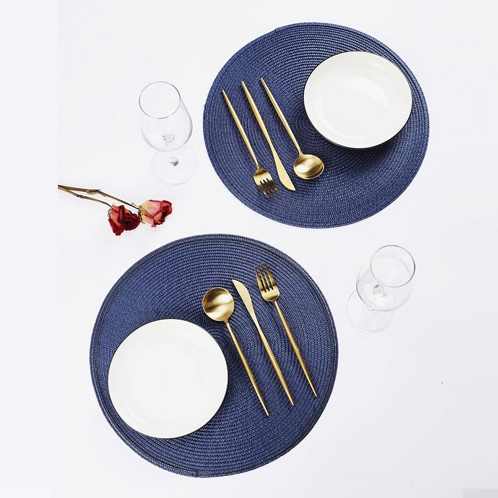 NAMZI Home Fashion Round Woven Polypropylene Plastic Placemats Set of 6 38cm, (Dark Blue)