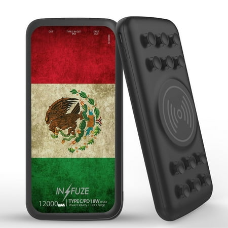 

INFUZE Qi Wireless Portable Charger for Samsung Galaxy A12 External Battery (12000 mAh 18W Power Delivery USB-C/USB-A 3.0 Ports Suction Cups) with Touch Tool - Vintage Mexico Flag