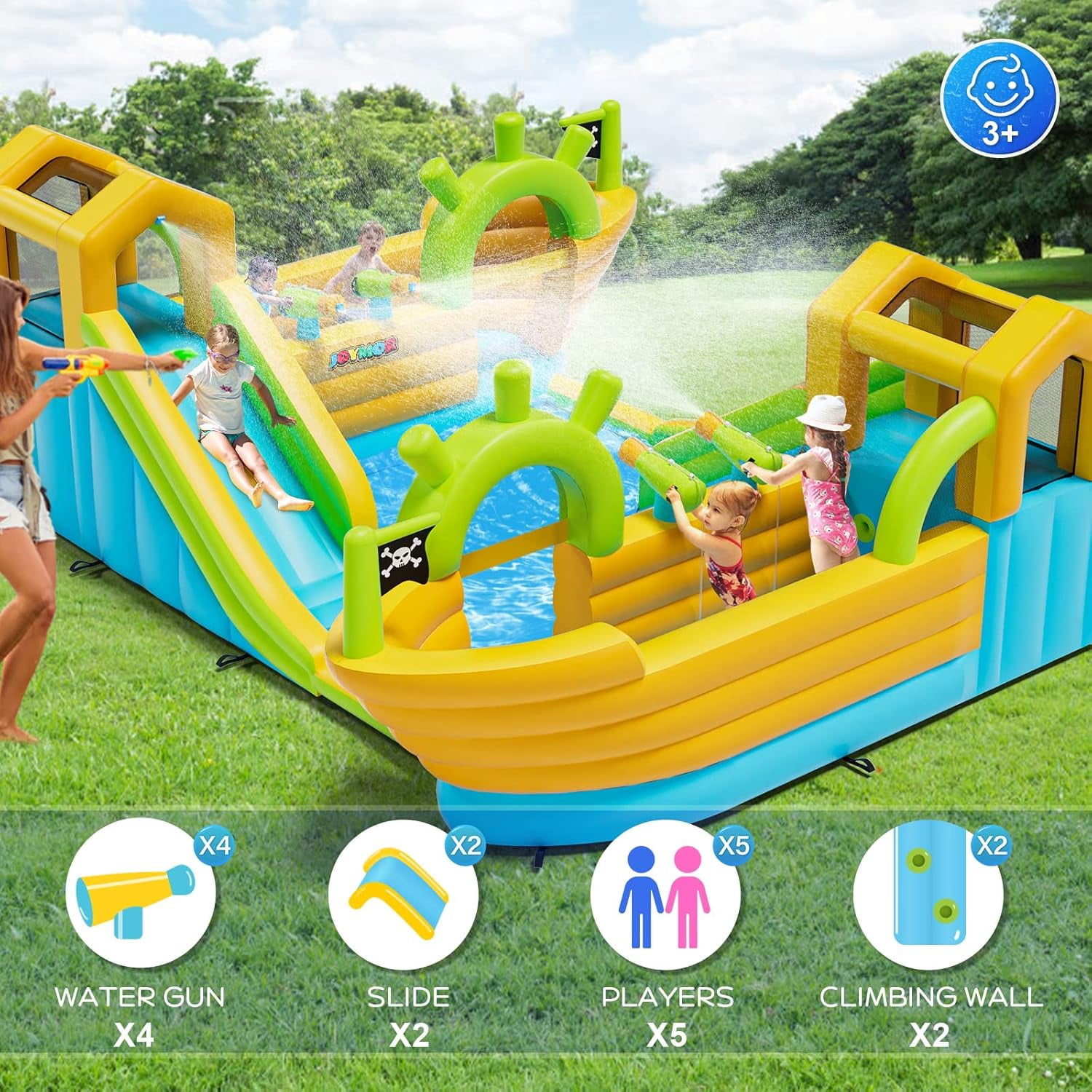 JOYMOR Inflatable Bounce House with 2 Pirate-Boat Water Slide Bounce House，4 Water Cannons, Air Blower, Up to 6 Kids