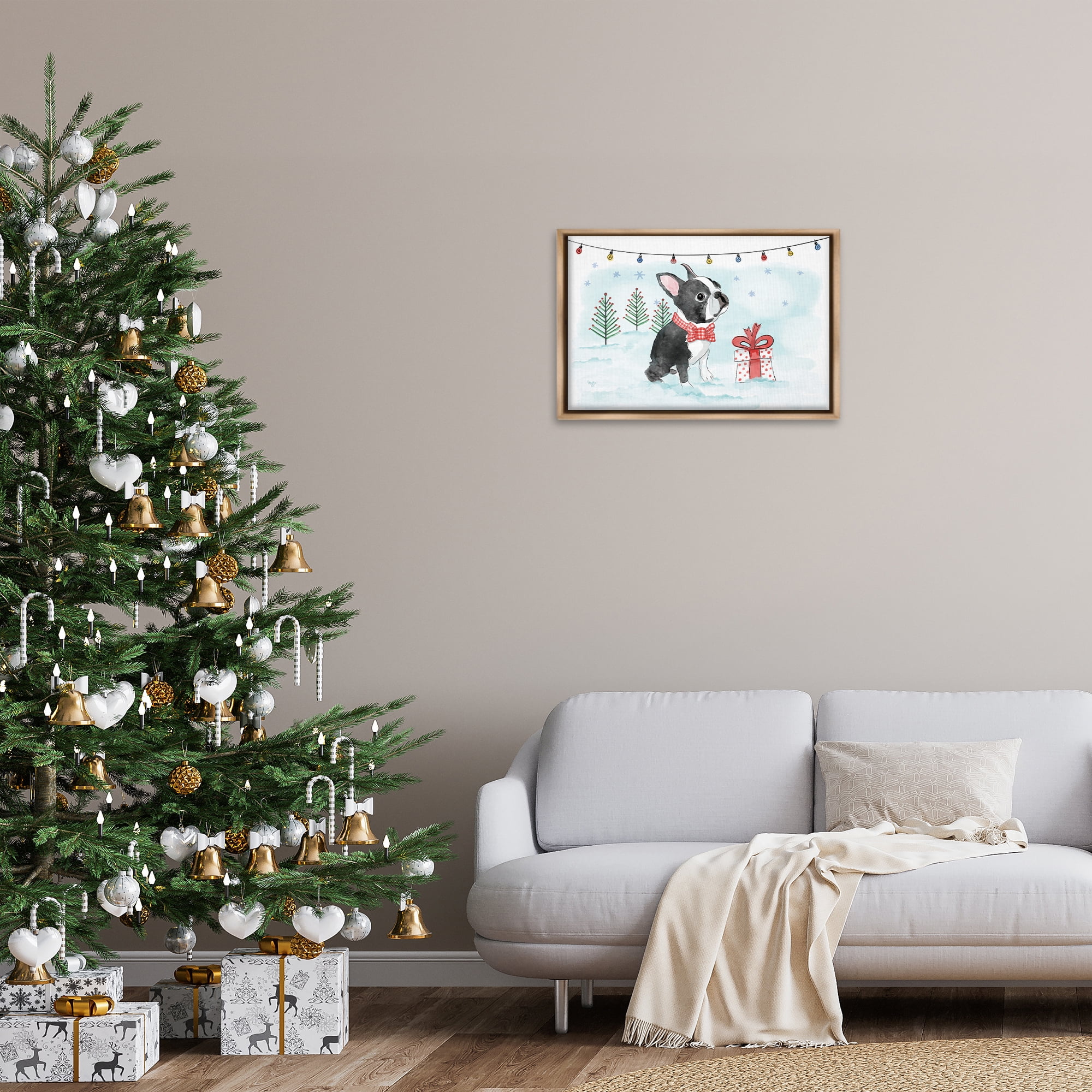 Stupell Industries Snowy Boston Terrier Holiday Painting Brown Floater Framed Canvas Art Prints Wall Art, 25 x 17