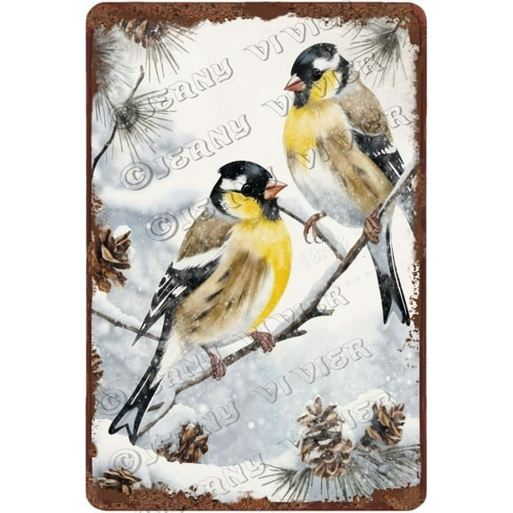 Winter Decor Goldfinch Antique Metal Sign Christmas Party Decorative Snowy Decor Nature Picture Woodland Animal Wall Decor Creative Aluminum Sign 12x8 inches