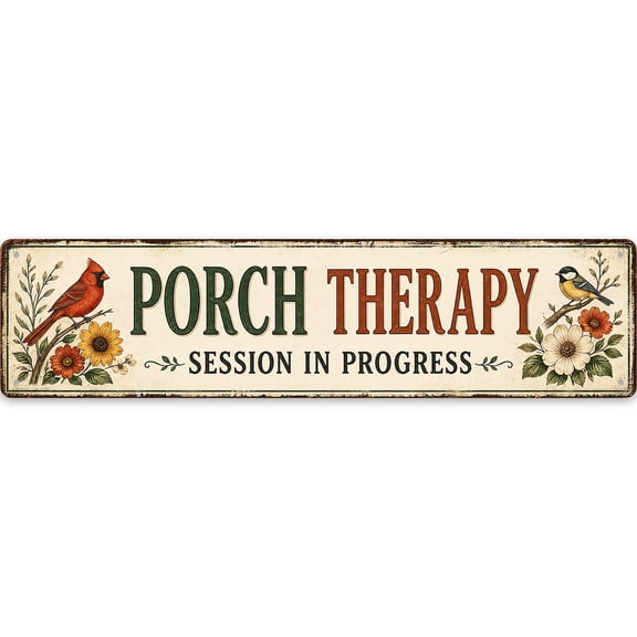 Vintage Metal Porch Therapy Sign - 16x4 Inch Rustic Wall Decor