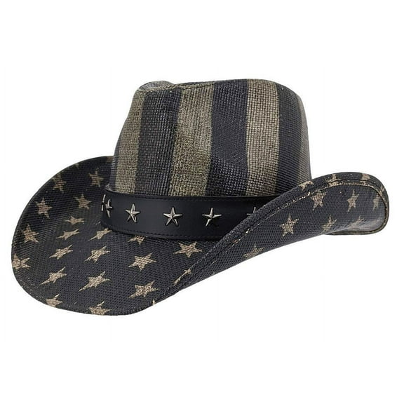 Kenny K Western Cowboy Hat USA Flag Patriotic Stars & Stripes 4th of July & Year Round ST10 Multiple Styles Toyo Straw (Black and Gray,Small)