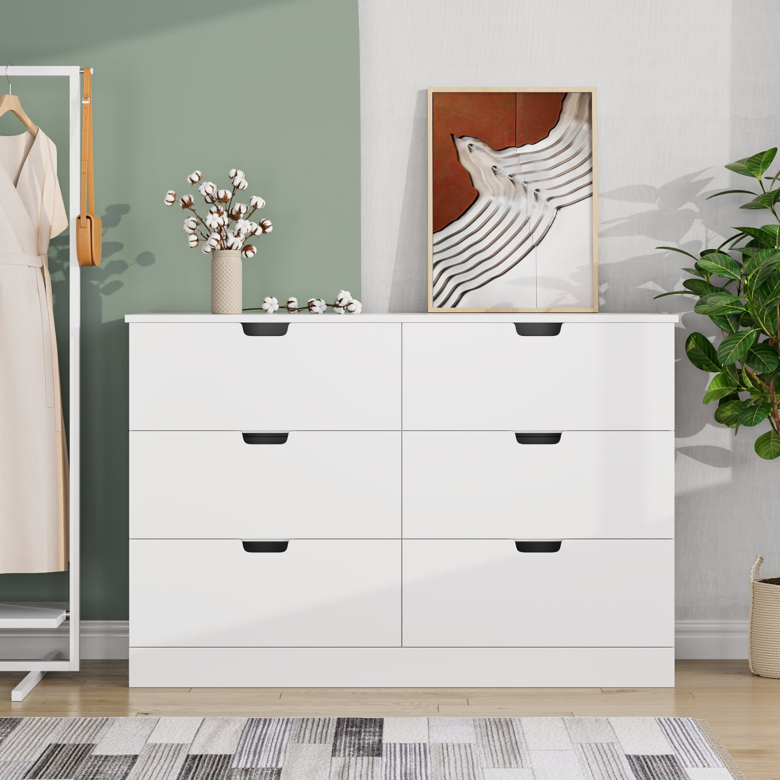 Homfa 6 Drawer Dresser for Bedroom, Modern White Chest, Wood Storage for Living Room