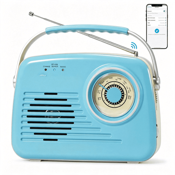 GJX Retro Radios Portable Am Fm, Battery Powered & Plug-In Wall, Vintage Radio with Bluetooth, Easy to Use Large Dial for Home/Outdoor/Kitchen (Blue)