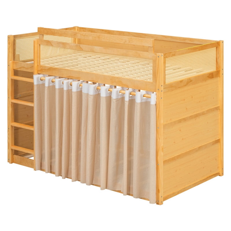 Twin Size Bunk Bed with 3-Tier Storage Shelf, Rattan-Style Design, Privacy Curtains and Built-In Light Strip, Modern Wood Twin Over Twin Bunk Bed Frame with Ladder for Kids Teens