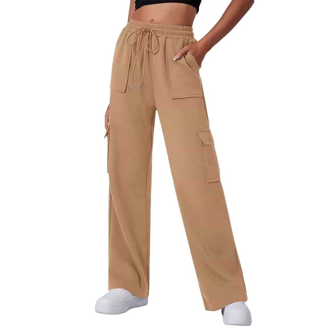 Pantalones deportivos de cintura alta y pierna ancha con bolsillos para mujer: pantalones joggers informales y prácticos para ropa deportiva, tejido Dacron