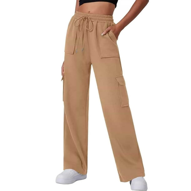 Pantalones deportivos de cintura alta y pierna ancha con bolsillos para mujer: pantalones joggers informales y prácticos para ropa deportiva, tejido Dacron