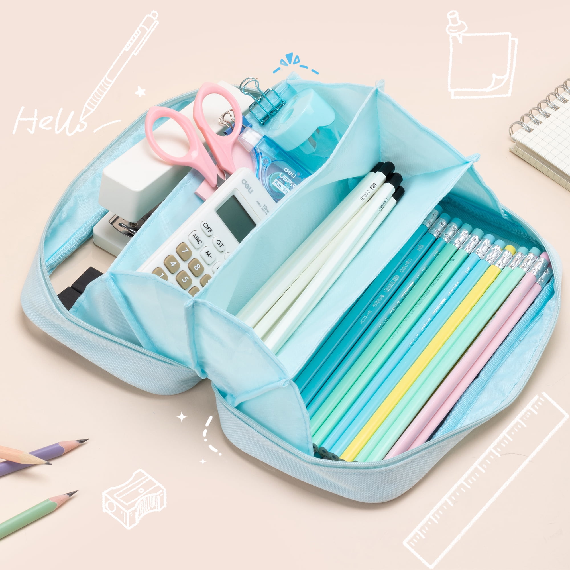 Deli Pencil Case for Kids,Large Capacity Foldable Pencil Pouch with 4 Compartments, School Supplies Organizer Bag for Students, Teens and Office Use,Blue