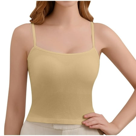 Yyeselk Crop Tank Tops for Women Scoop Neck Ribbed Basic Tank Tops Spaghetti Strap Wireless Push Up Bra Soft Daily Bra Khaki Free Size