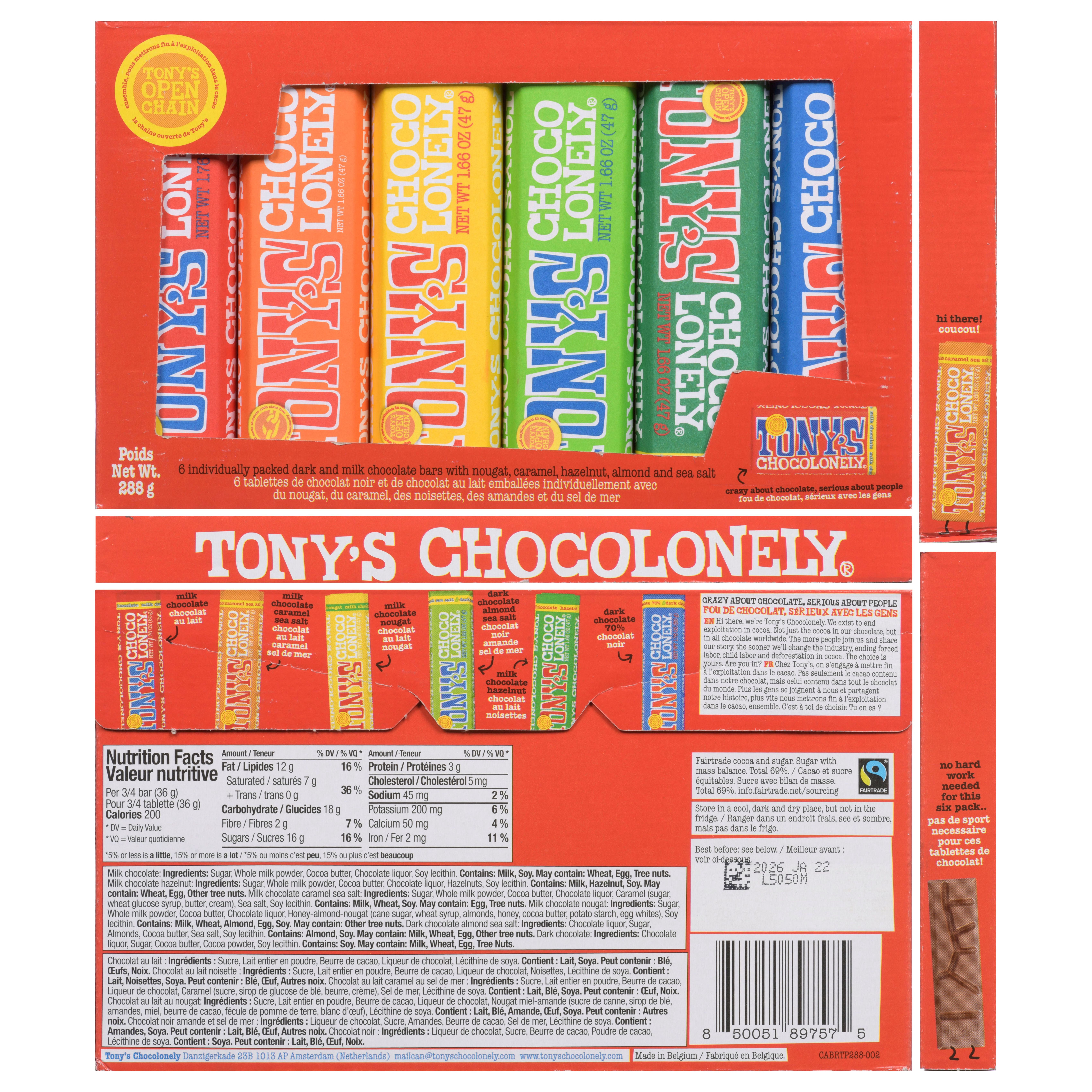 Tony's Chocolonely Chocolate Bar Pack - Candy Variety Pack, Individually Wrapped, 6 Bars