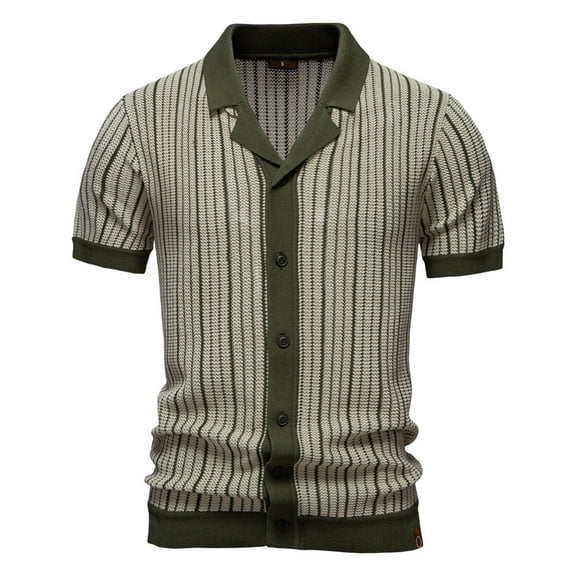 Mens Knit Polo Shirts Vintage Button Stripe Casual Short Sleeve T-Shirt Golf Button Down Vintage Sweater Tops