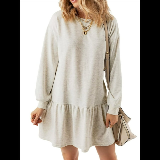 Vestido Tipo Sudadera de Larga para Mujer, de Otoño, con Cuello Redondo, de Punto Acanalado y Patchwork, Minivestidos Informales. Gris M