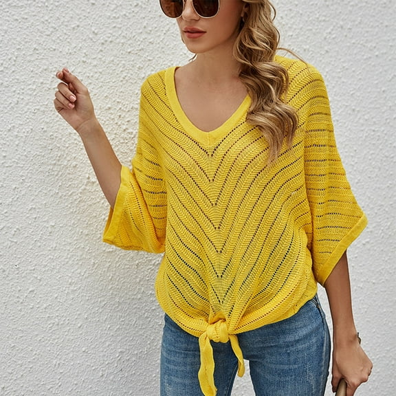 Guzom Womens V - neck Thin Lace Up Hollowed Out Knit Sweater Blouse for Casual and Daily Wear,Yellow,Size XL