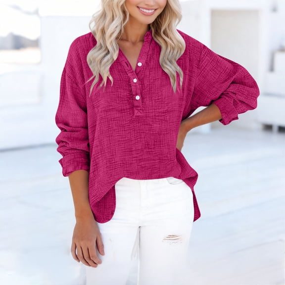 Craaazy Women Soft Tops Loose Fit Solid Color V Neck Henley Long Sleeve Textured Cotton T Shirts for Daily Wear Gift