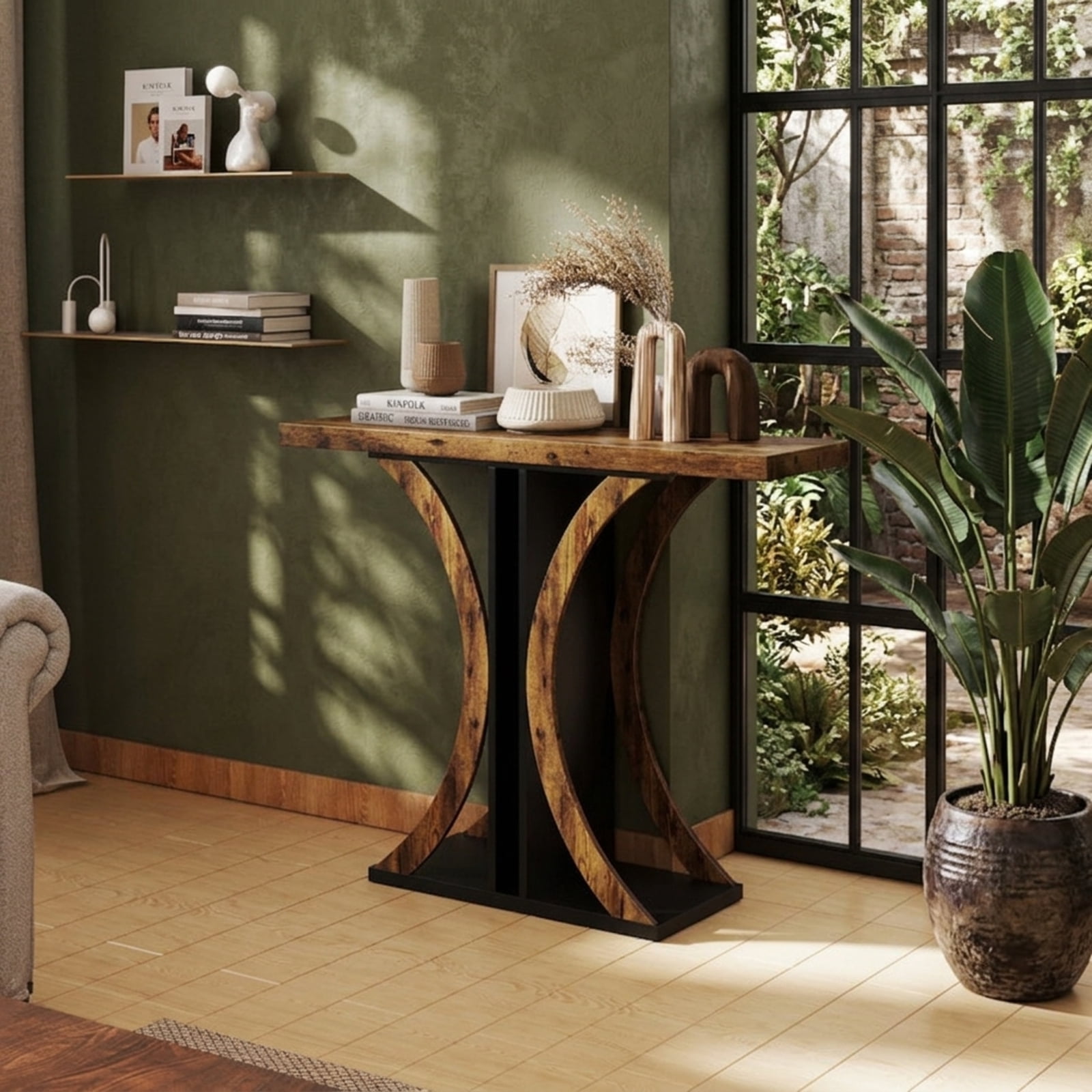 Furnibear 39.5 Inch Console Table Rectangular Entryway Table with Geometric Frame for Living Room Hallway Sofa Small Space, Rustic Brown