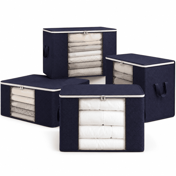 Foldable Clothes Storage Bag,4 Pack 90L Large Blankets Underbed Storage Bags,Quilts Storage Containers with Thick Fabric,Sturdy Zipper,Reinforced Handles,Clear Window,Navy Blue