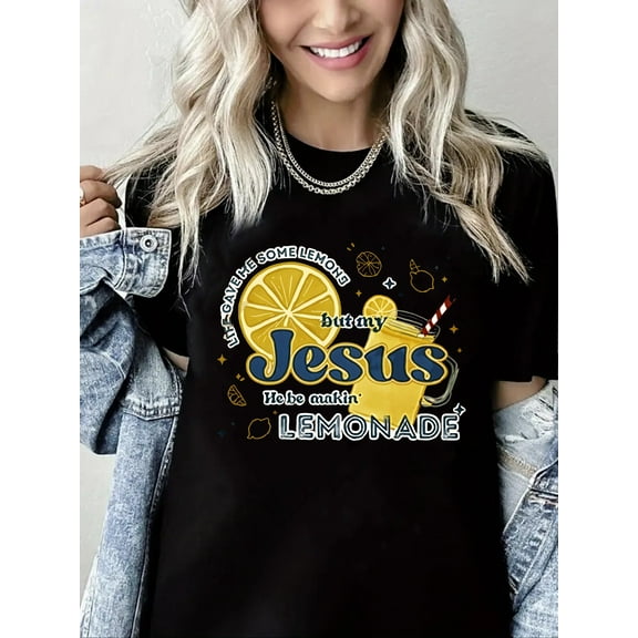 Women Christian T-Shirts Jesus Lemon Graphic Shirt Casual Loose Crew Neck Top