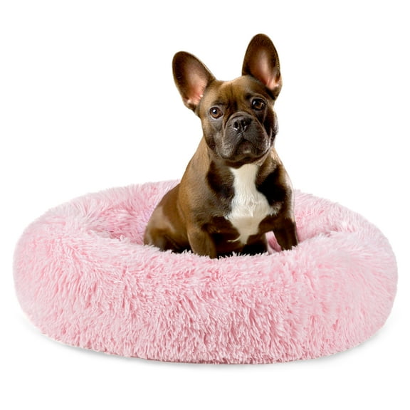 PetAmi Calming Dog Bed for Small Medium Dog Cat, Round Donut Dog Bed Washable, Fluffy Faux Fur Plush Cuddler Pet Kitten Cushion Bed, Anti-Slip, Fits up to 25 lbs, 23 inch, Pink