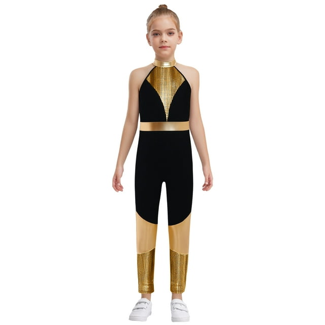 Sxiwei Kids Girls Metallic Shiny Sleeveless Rompers Bodysuit One-piece Jumpsuit for Stage Performance Gold 6