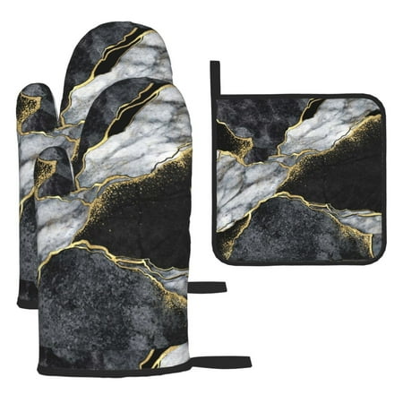 

Kitchen Baking 3 Piece Set Microwave Heat Proof Hand Set Oven Mitts For Kitchen Open Lid Microwave Oven Dishes Outdoor Barbecue Black White Marble Mosaic With Golden Veins