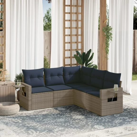 vidaXL 5 Piece Patio Sofa Set with Cushions Gray Poly Rattan