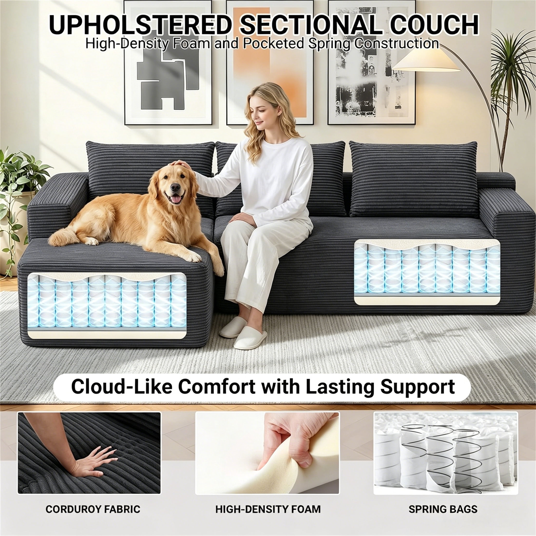 Aukfa 96" Cloud Sectional Sofa Deep Seat Boneless Couch Modular L-Shaped Couch, Left Chaise Corduroy Sofa for Living Room, Dark Gray