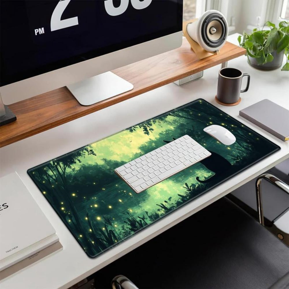 HELLOYOUNG Gaming Mouse Pad, Extra Large Non-Slip Mouse Mat, Cat and Forest Pattern Computer Desk Pad with Stitched Edges for Office & Home Decor