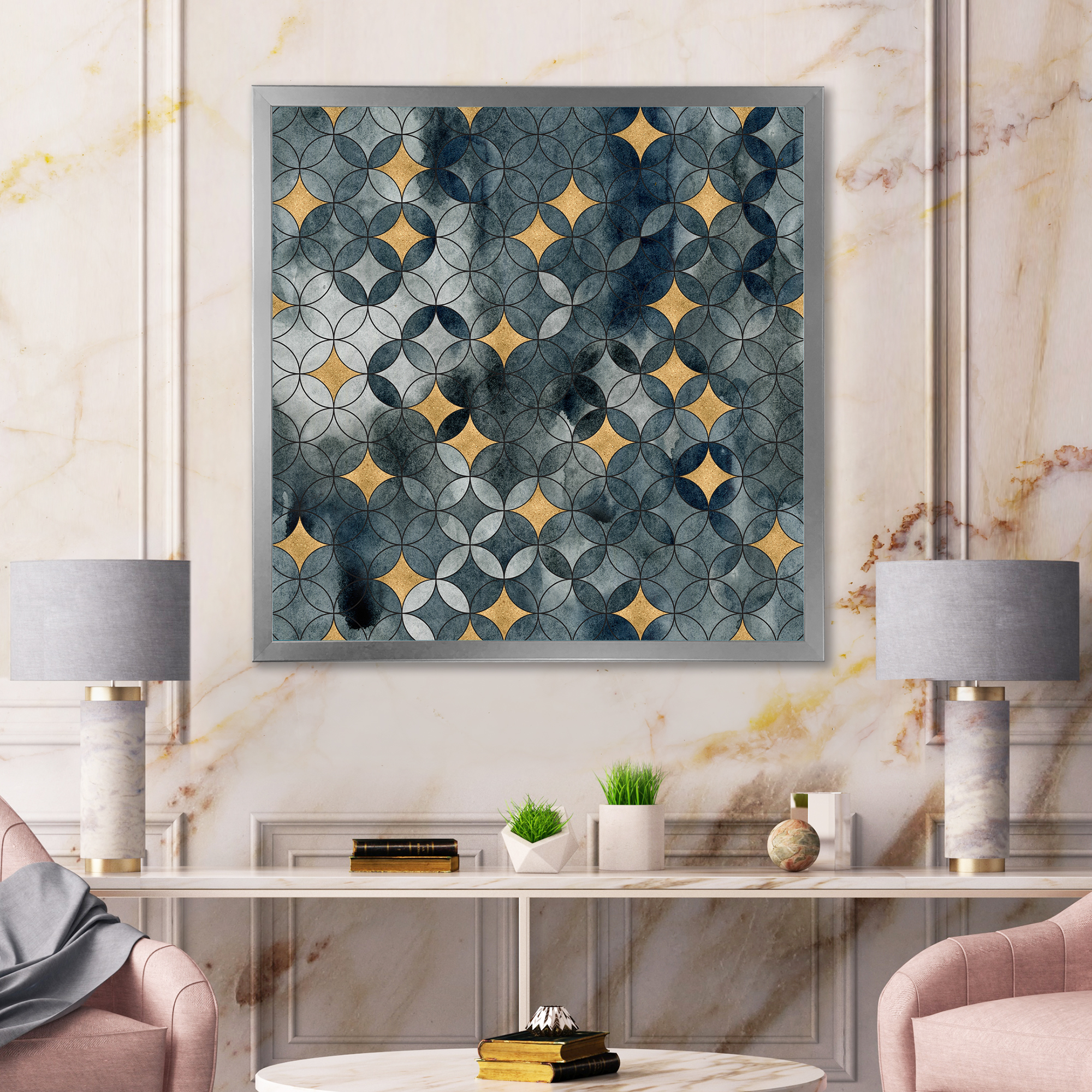Designart 'Geometry Golden Stars With Intersecting Circles' Modern Framed Art Print