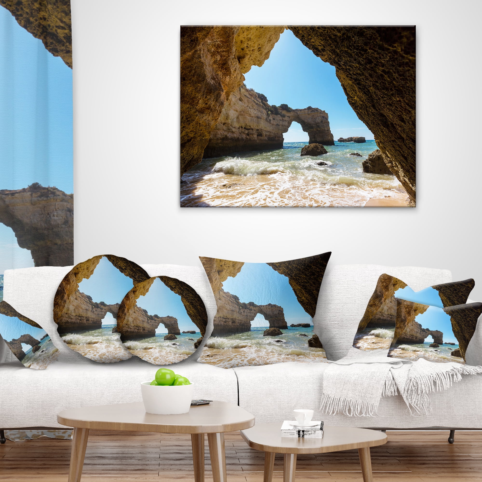 Designart Portugal Coast with Amazing Caves - Landscape Printed Throw Pillow - 16x16