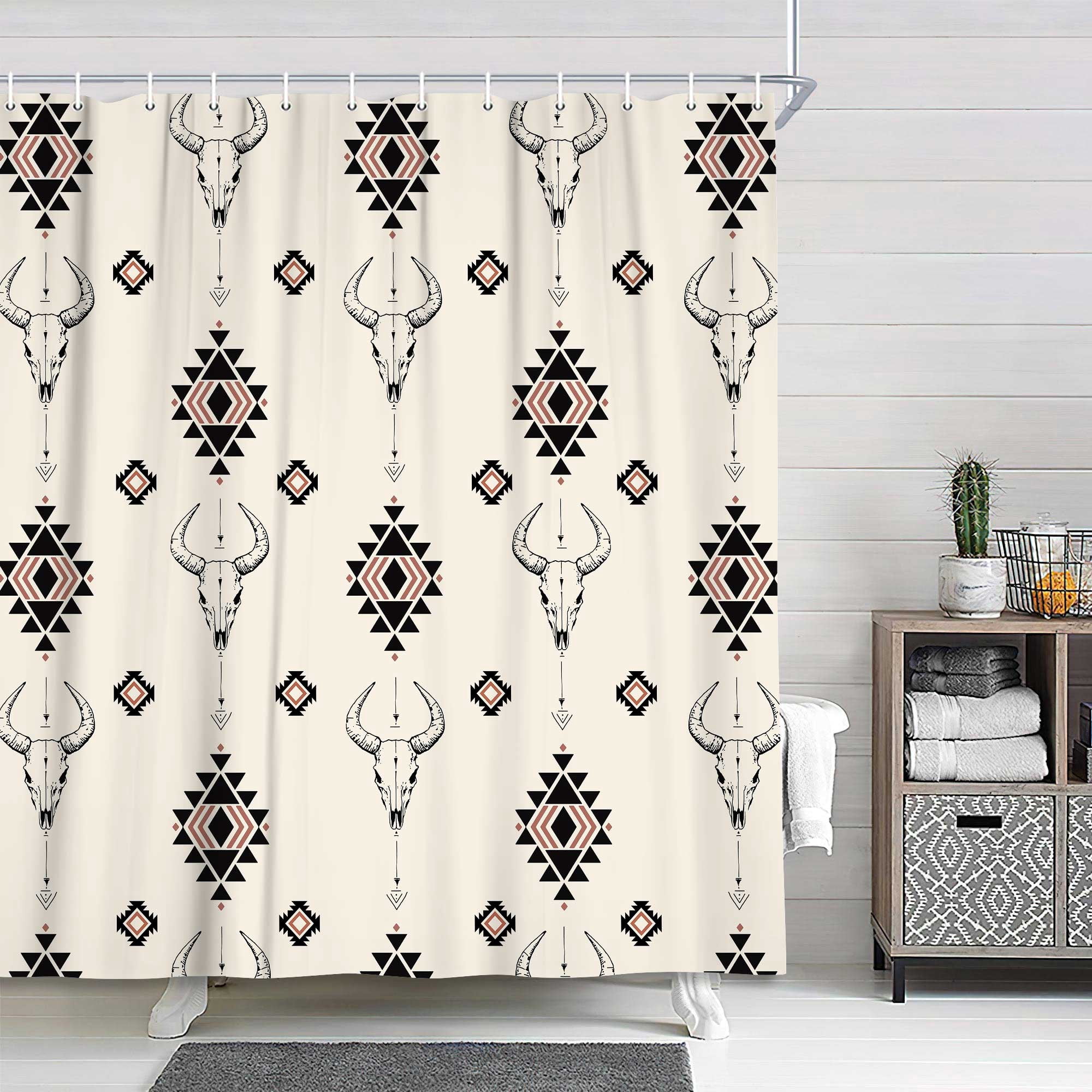 Southwest Bull Skull Cow Shower Curtain, Western Beige Bath Curtain, Boho Farmhouse Bathroom Accessories Aztec Geometric for Bathroom Bath Curtain Set with Hooks, 72X72in