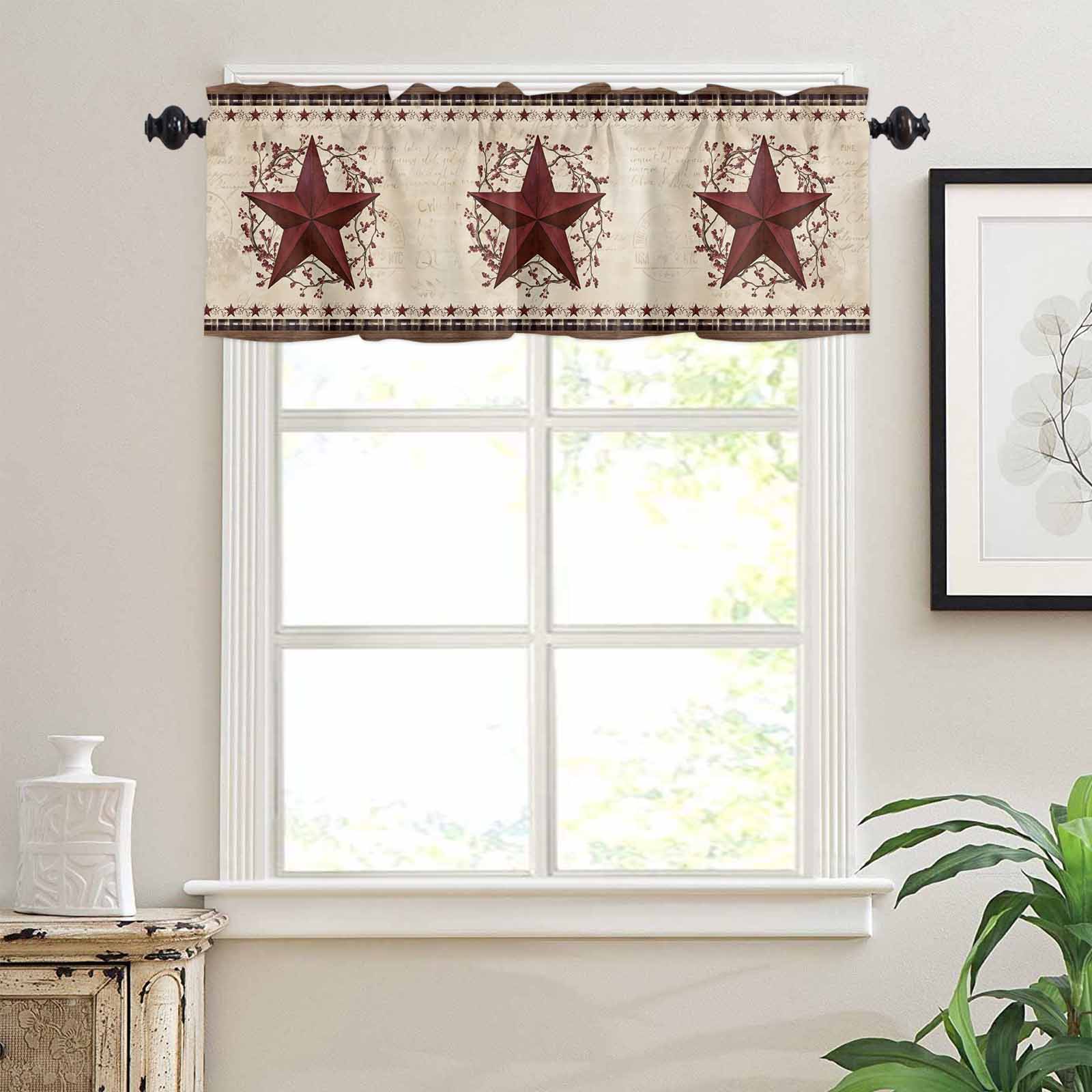 Country Star Kitchen Curtains Valance and Tier Set Red Stars Berry Linen Texture Brown Plaid Wood Grain Rod Pocket Short Curtains for Small Window 3 Pieces Set for Bedroom Cafe (54" x 18"+27" x 36")