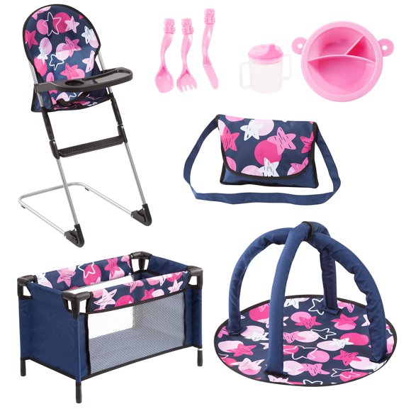 Bayer 9-in-1 Doll Accessory Set with Travel Bed & Highchair - Perfect Toy for Dolls - Includes Plate, Utensils, Play Mat and More