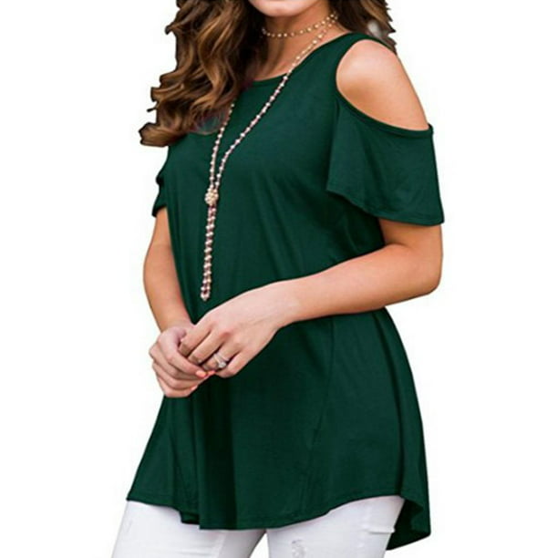 JustVH Womens Cold Shoulder Soild Color Casual Tunic Blouse Tops ...