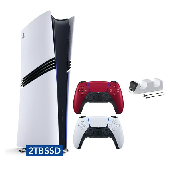 PlayStation 5 Pro 2TB SSD Digital Console with Two Controllers, White and Volcanic Red DualSense and Mytrix Dual Controller Charger - Flagship PS5 Pro Console