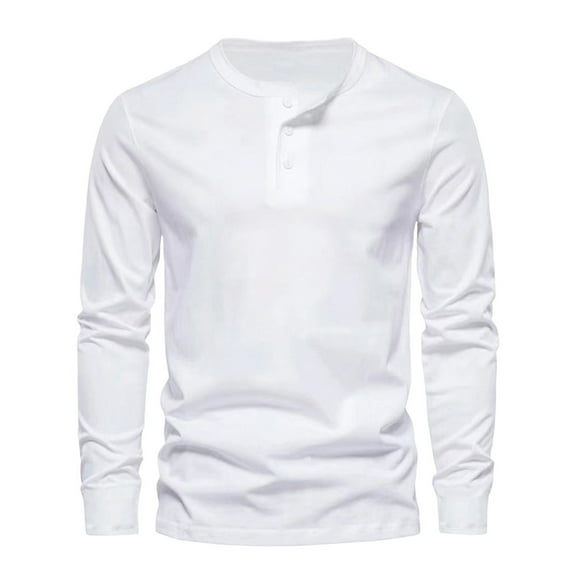 Jalioing Men's Casual Long Sleeve Shirt Solid Color Button Crew Neck Basic Tee Shirt Loose Fashion Work Tops