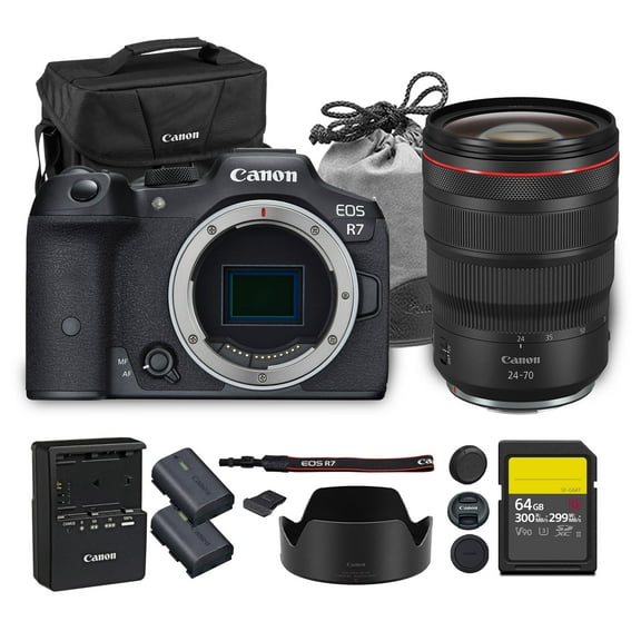 Canon EOS R7 Mirrorless Camera | 32.5MP APS-C Sensor 4K 60p Video | Fast Autofocus In-Body Stabilization for Wildlife and Sports (5137C002)   Canon RF 24-70mm Lens   LP-E6P Battery   64GB Card   Bag