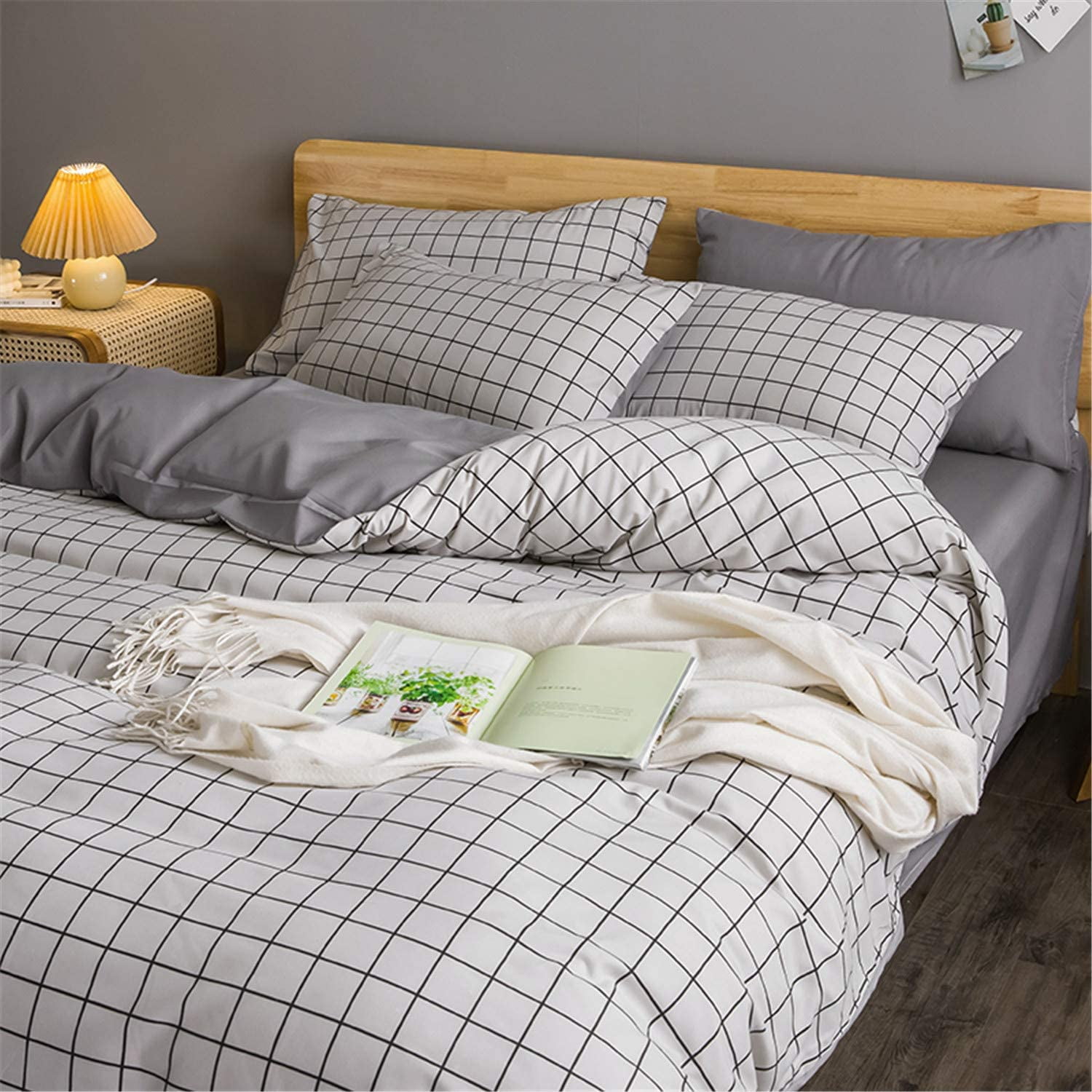 3 Pcs Grid Grey Duvet Cover Sets with Button Queen, Reversible