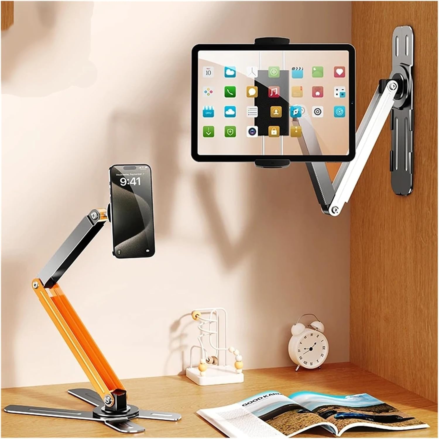 Magnetic Wall-Mounted Phone Holder, Magnetic Desktop Phone Holder Stand Clip, Magnet Stand for iPhone and Android compatible with Alloy Base (White Clip Holder)