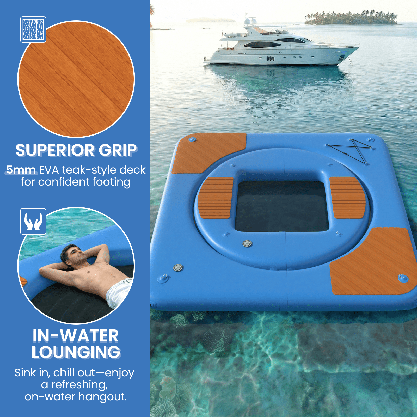 Bezliving 2 in 1 Inflatable Floating Dock Platform, Square EVA Traction Deck with Mesh Swim Net and Inner Floating Island, 6 in Thick, D Rings, Boat Swim Platform for Lake and Pool