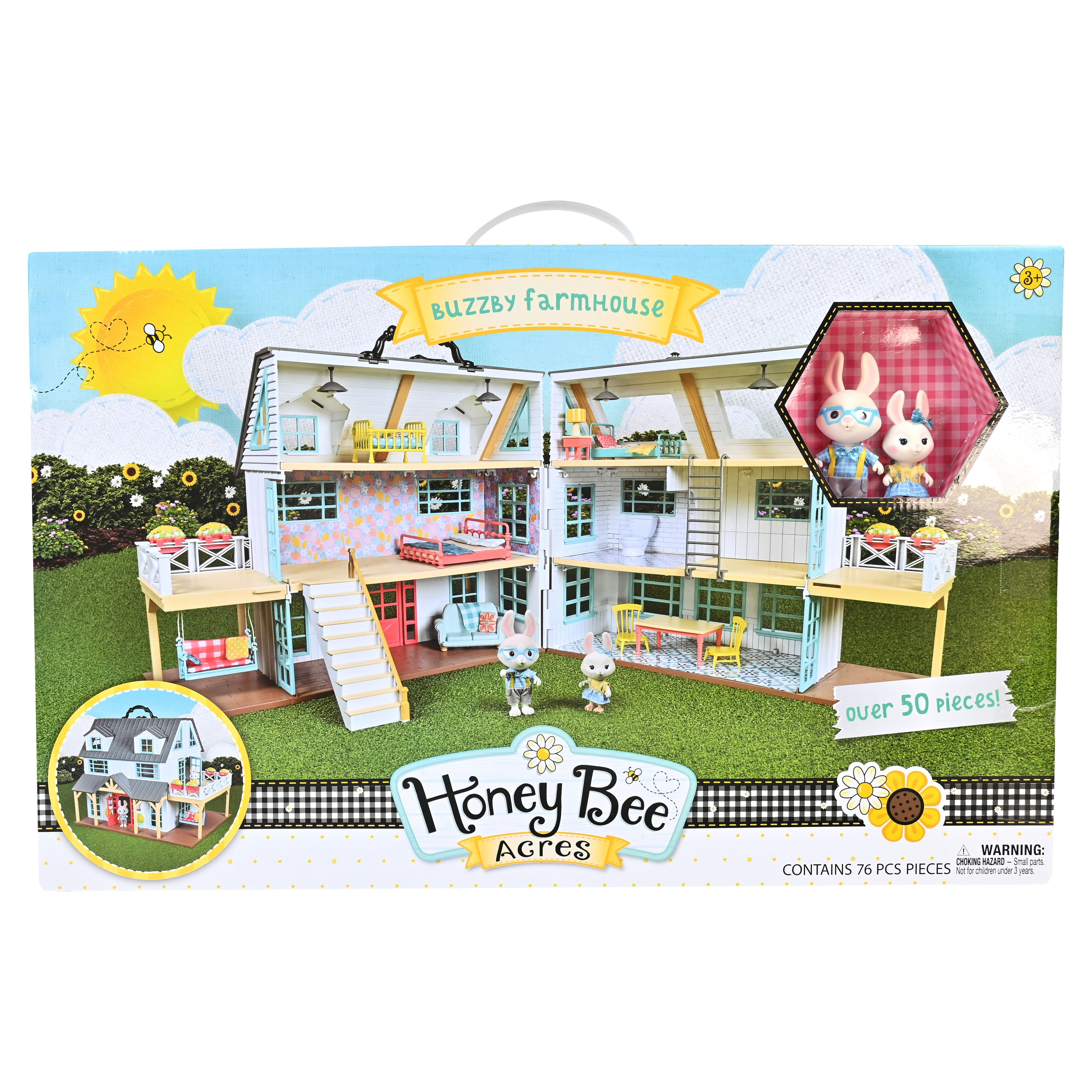 Honey Bee Acres 15 inch Tall Buzzby Farmhouse, 51 Piece Doll Playset, Ages 3+