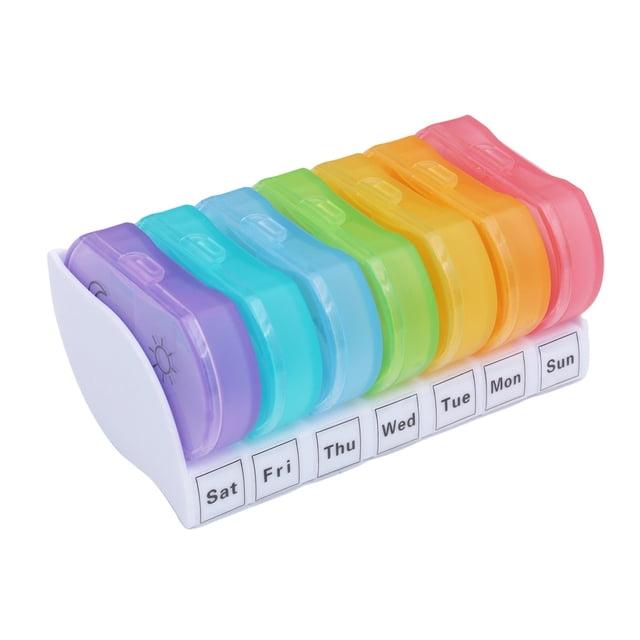 FRCOLOR weekly pill box Portable Weekly 7 Day AM PM Organizer with Transparent Lids and Assorted Color Lids for Easy Storage Use 4.5 x 2.8 x 1.2 inches,3.94"X2.36"X1.77"