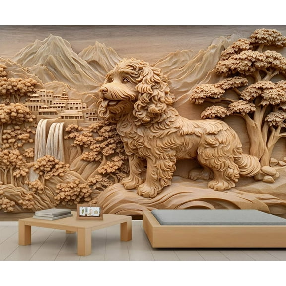 Stereo Animal Dog 3D Wallpaper, Relief Flower Tree Mountain Photo Wallpaper, Landscape Statue Wall Decoration Wallpapers For Home Decor Living Room Bedroom 55"W x 28"H (Not Peel and Stick)