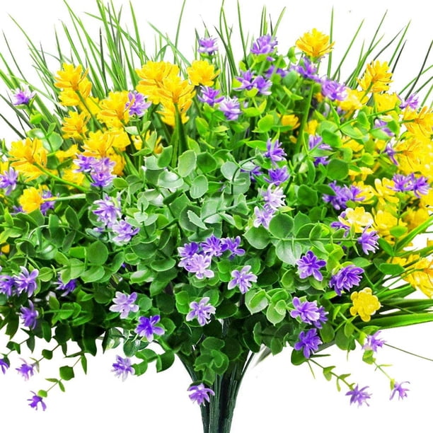 9 flores artificiales para exteriores, resistentes a los rayos UV, plantas falsas para exteriores, flores de plástico sintético a granel para colgar macetas, jarrón de porche exterior, decoración de ventanas del hogar (amarillo, morado, verde) Zhivalor CZBG-SY55
